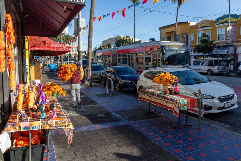 Street scene with flower seller in Mission District, San Francisco