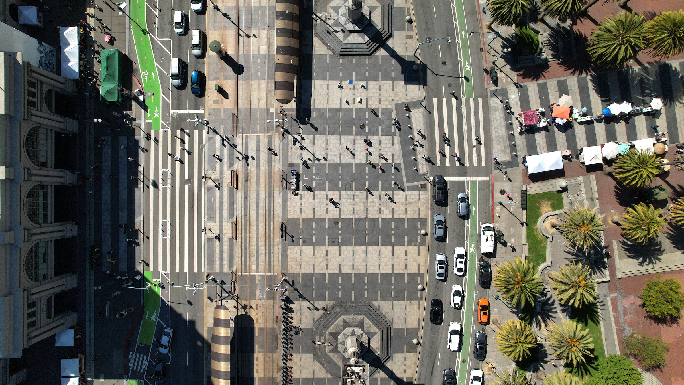 Ferry Building overhead aerial view San Francisco CA